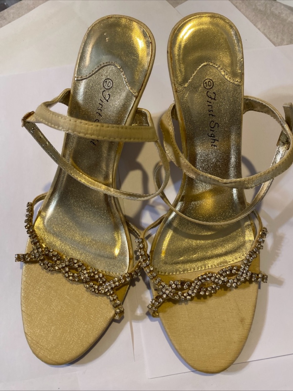 First Sight Women’s Double Strapped Gold Jeweled Wedged Heeled Sandals Size 10